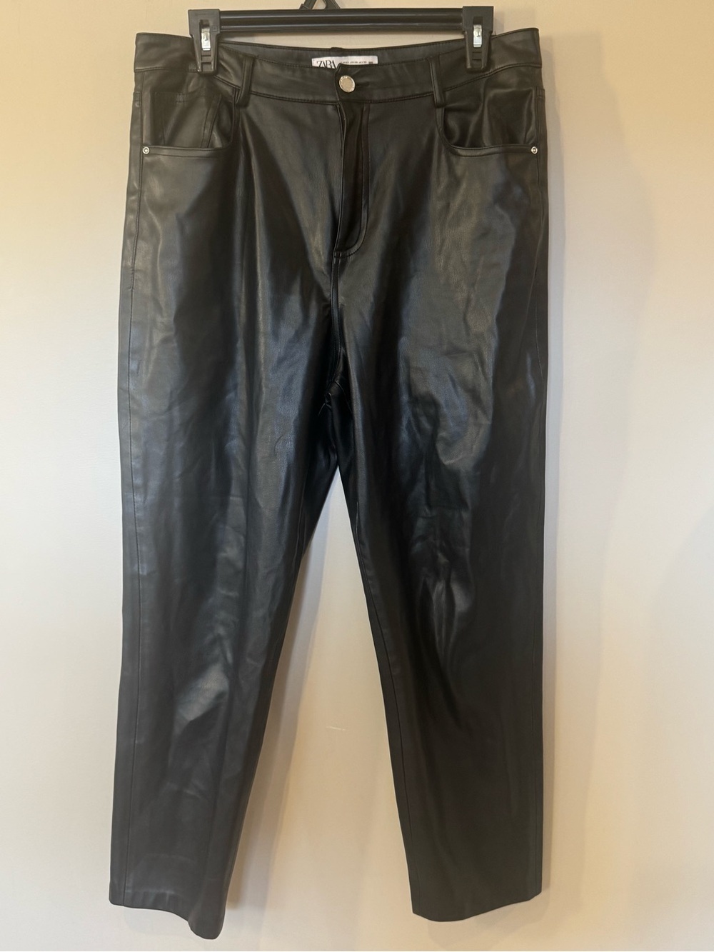 Zara Black Faux Leather Trousers with Silver Button